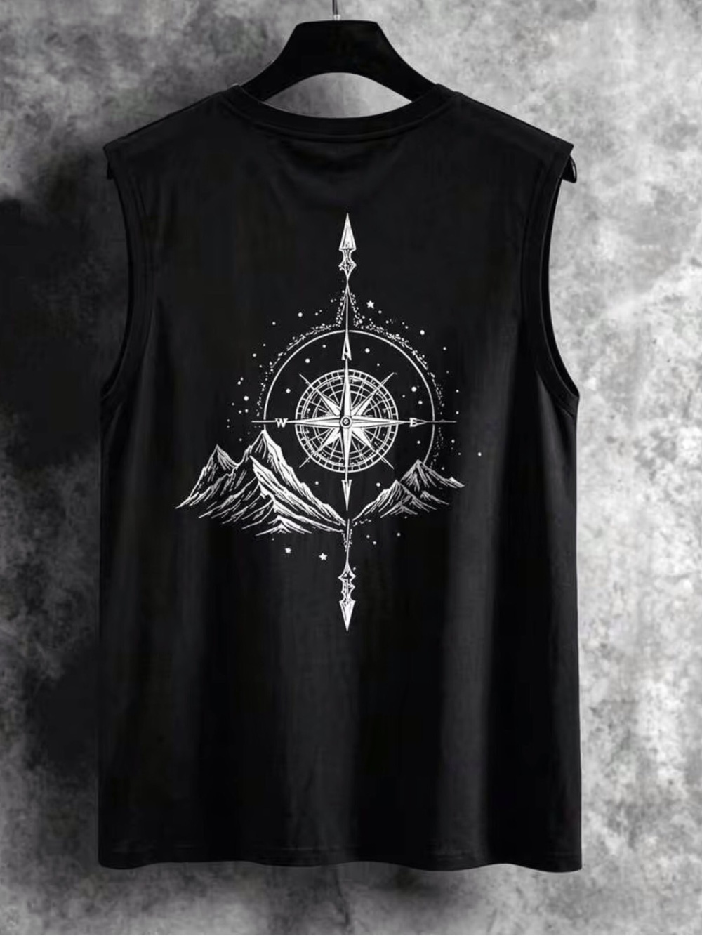 Unisex Mountain Compass Graphic Tank Top Black Textured Sleeveless Size-XL NEW